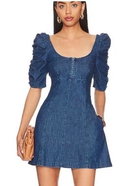 Free People Denim Puff-Sleeve Mini Dress